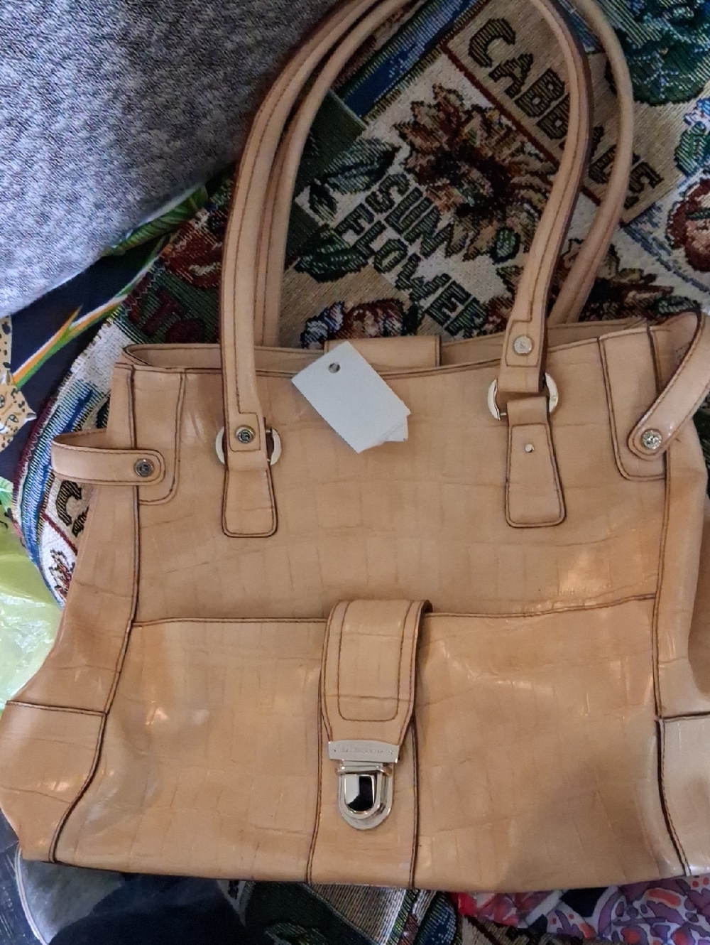 Beige Croc-Embossed Tote Bag with Front Clasp